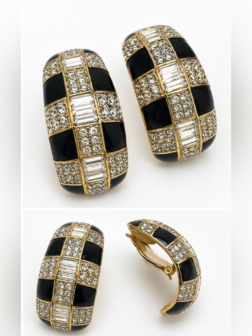 Vintage St. John Black Enamel Crystal Clip-On Earrings Gold Tone Designer - Picture 1 of 3